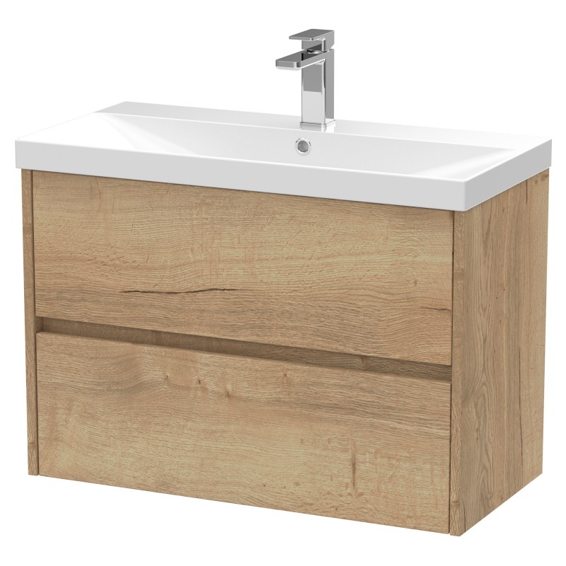 Havana 800mm Wall Hung 2 Drawer Vanity Unit with Thin-Edge Ceramic Basin - Autumn Oak Havana 800mm Wall Hung 2 Drawer Vanity Unit with Thin-Edge Ceramic Basin - Autumn Oak