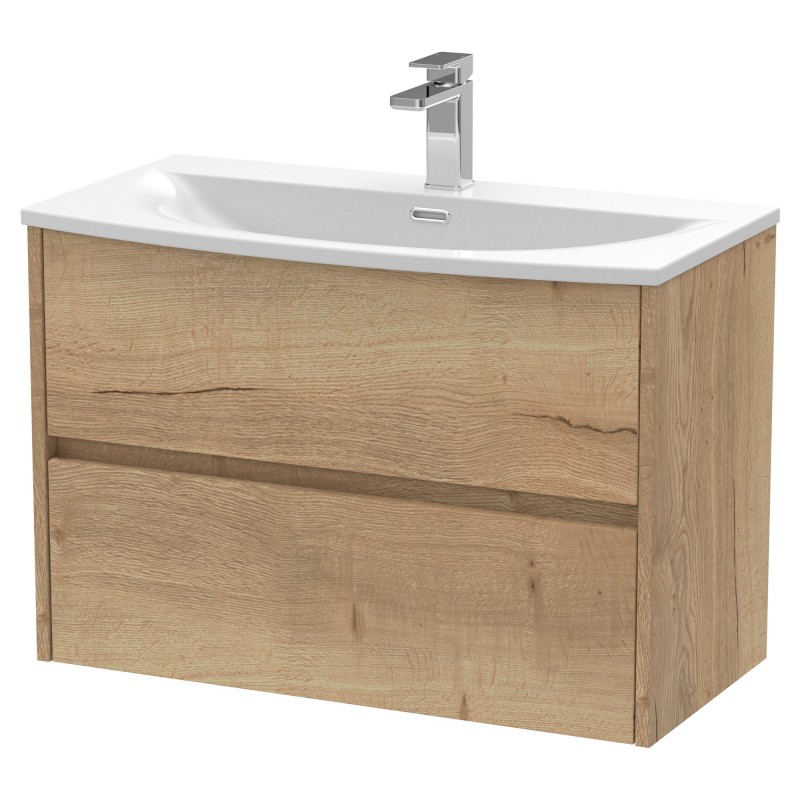 Havana 800mm Wall Hung 2 Drawer Vanity Unit with Curved Ceramic Basin - Autumn Oak Havana 800mm Wall Hung 2 Drawer Vanity Unit with Curved Ceramic Basin - Autumn Oak