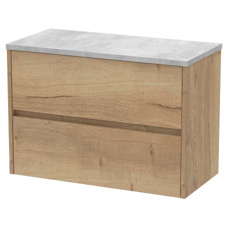 Havana 800mm Wall Hung 2 Drawer Vanity Unit with Bellato Grey Worktop - Autumn Oak