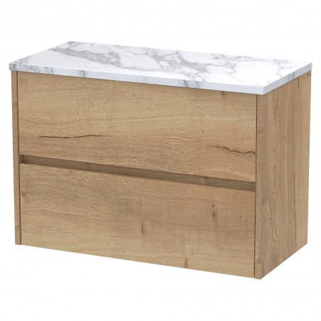 Havana 800mm Wall Hung 2 Drawer Unit With Carrera Marble Laminate Worktop - Autumn Oak