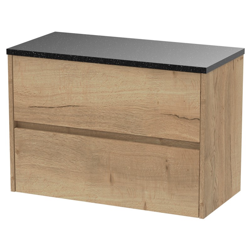 Havana 800mm Wall Hung 2 Drawer Vanity Unit with Sparkling Black Worktop - Autumn Oak Havana 800mm Wall Hung 2 Drawer Vanity Unit with Sparkling Black Worktop - Autumn Oak