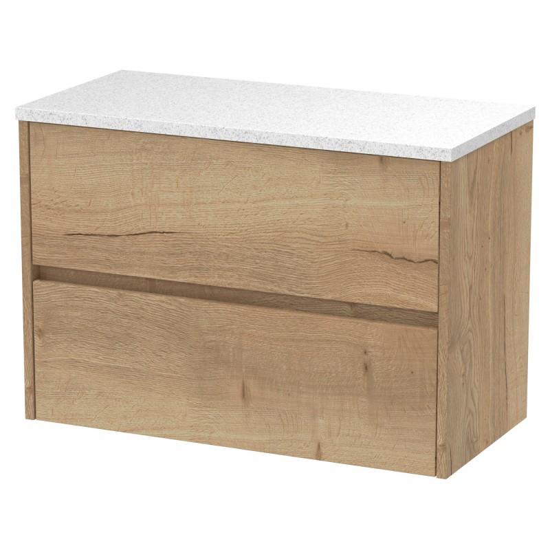 Havana 800mm Wall Hung 2 Drawer Vanity Unit with Sparkling White Worktop - Autumn Oak Havana 800mm Wall Hung 2 Drawer Vanity Unit with Sparkling White Worktop - Autumn Oak