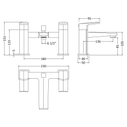 Hardy Bath Shower Mixer Tap Deck Mounted - Technical Drawing