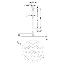 400mm Round Stainless Steel Shower Head with Ceiling Arm - Technical Drawing