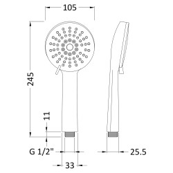 Single Function Water Saving Shower Handset - Technical Drawing