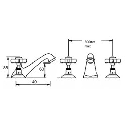 Beaumont 3-Hole Basin Mixer Tap Deck Mounted with Pop-up Waste - Technical Drawing