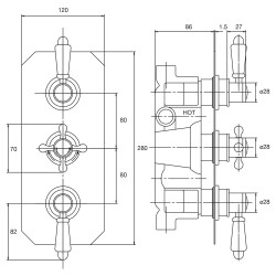 Victorian Triple Thermostatic Shower Valve - Technical Drawing