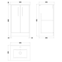 Juno 500mm Freestanding 2 Door Vanity With Minimalist Ceramic Basin - Autumn Oak - Technical Drawing