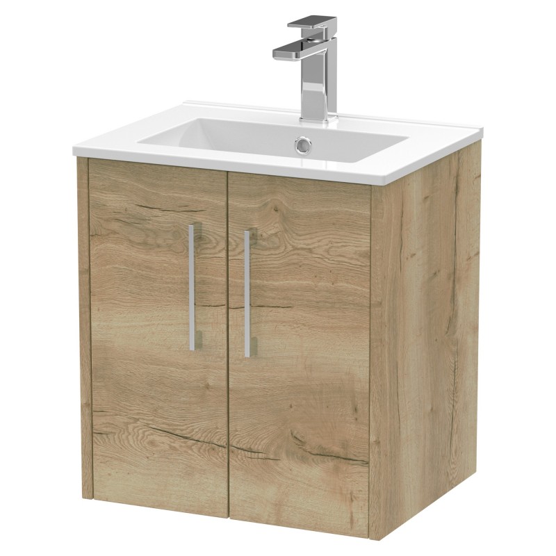 Juno 500mm Wall Hung 2 Door Vanity With Minimalist Ceramic Basin - Autumn Oak Juno 500mm Wall Hung 2 Door Vanity With Minimalist Ceramic Basin - Autumn Oak