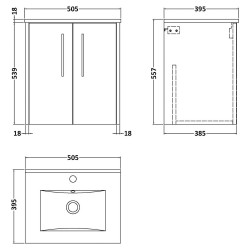 Juno 500mm Wall Hung 2 Door Vanity With Minimalist Ceramic Basin - Autumn Oak - Technical Drawing