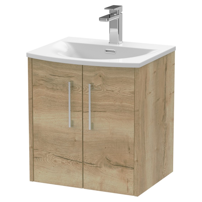 Juno 500mm Wall Hung 2 Door Vanity With Curved Ceramic Basin - Autumn Oak Juno 500mm Wall Hung 2 Door Vanity With Curved Ceramic Basin - Autumn Oak