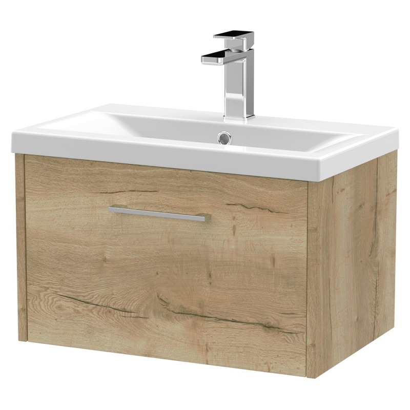 Juno 600mm Wall Hung Single Drawer Vanity With Mid-Edge Ceramic Basin - Autumn Oak Juno 600mm Wall Hung Single Drawer Vanity With Mid-Edge Ceramic Basin - Autumn Oak