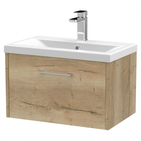 Juno 600mm Wall Hung Single Drawer Vanity With Mid-Edge Ceramic Basin - Autumn Oak