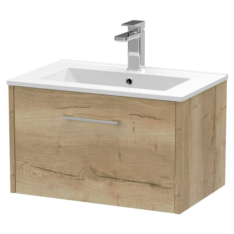 Juno 600mm Wall Hung Single Drawer Vanity With Minimalist Ceramic Basin - Autumn Oak Juno 600mm Wall Hung Single Drawer Vanity With Minimalist Ceramic Basin - Autumn Oak