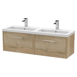 Juno 1200mm Wall Hung 2 Drawer Vanity With Double Polymarble Basin - Autumn Oak