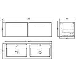 Juno 1200mm Wall Hung 2 Drawer Vanity With Double Polymarble Basin - Autumn Oak - Technical Drawing