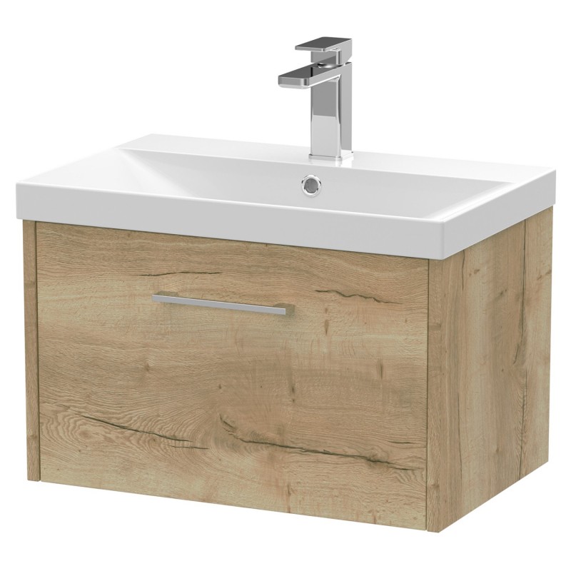 Juno 600mm Wall Hung Single Drawer Vanity With Thin-Edge Ceramic Basin - Autumn Oak Juno 600mm Wall Hung Single Drawer Vanity With Thin-Edge Ceramic Basin - Autumn Oak