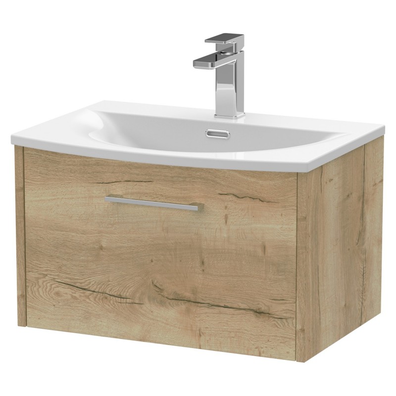 Juno 600mm Wall Hung Single Drawer Vanity With Curved Ceramic Basin - Autumn Oak Juno 600mm Wall Hung Single Drawer Vanity With Curved Ceramic Basin - Autumn Oak