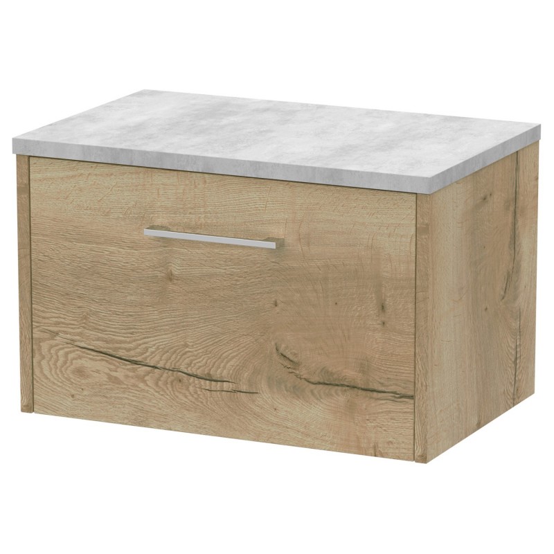 Juno 600mm Wall Hung Single Drawer Vanity With Bellato Grey Laminate Worktop - Autumn Oak Juno 600mm Wall Hung Single Drawer Vanity With Bellato Grey Laminate Worktop - Autumn Oak