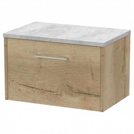 Juno 600mm Wall Hung Single Drawer Vanity With Bellato Grey Laminate Worktop - Autumn Oak