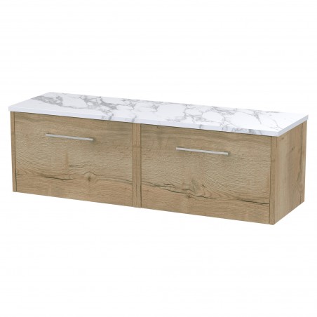 Juno 1200mm Wall Hung 2 Drawer Vanity With Carrera Marble Laminate Worktop - Autumn Oak