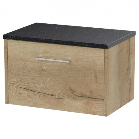 Juno 600mm Wall Hung Single Drawer Vanity With Black Sparkle Laminate Worktop - Autumn Oak