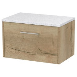 Juno 600mm Wall Hung Single Drawer Vanity With White Sparkle Laminate Worktop - Autumn Oak