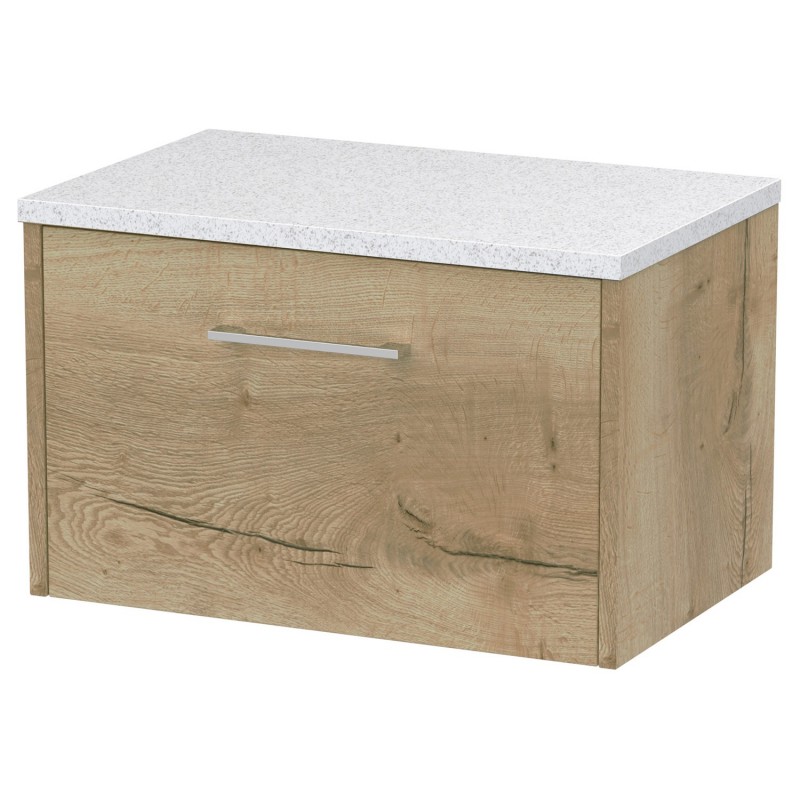 Juno 600mm Wall Hung Single Drawer Vanity With White Sparkle Laminate Worktop - Autumn Oak Juno 600mm Wall Hung Single Drawer Vanity With White Sparkle Laminate Worktop - Autumn Oak