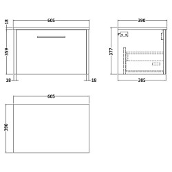 Juno 600mm Wall Hung Single Drawer Vanity With Worktop - Autumn Oak - Technical Drawing