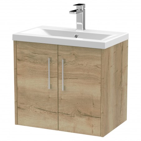 Juno 600mm Wall Hung 2 Door Vanity With Mid-Edge Ceramic Basin - Autumn Oak