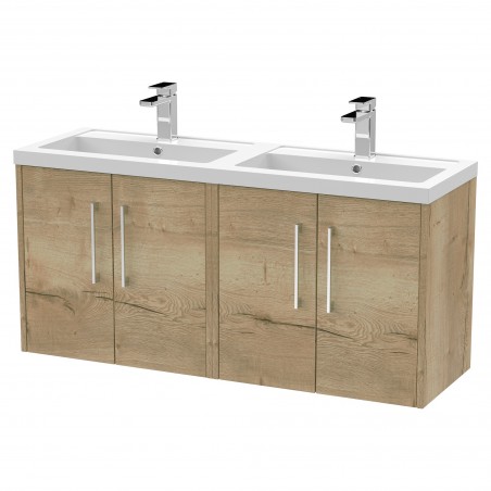 Juno 1200mm Wall Hung 4 Door Vanity With Double Polymarble Basin - Autumn Oak