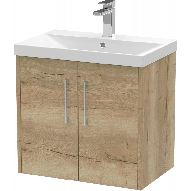 Juno 600mm Wall Hung 2 Door Vanity With Thin-Edge Ceramic Basin - Autumn Oak Juno 600mm Wall Hung 2 Door Vanity With Thin-Edge Ceramic Basin - Autumn Oak