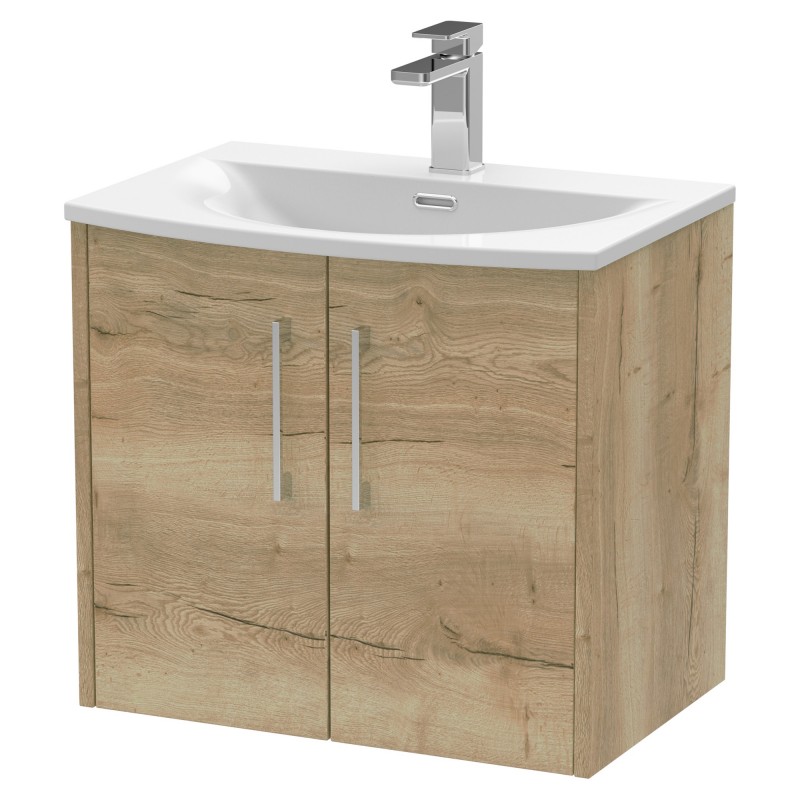 Juno 600mm Wall Hung 2 Door Vanity With Curved Ceramic Basin - Autumn Oak Juno 600mm Wall Hung 2 Door Vanity With Curved Ceramic Basin - Autumn Oak
