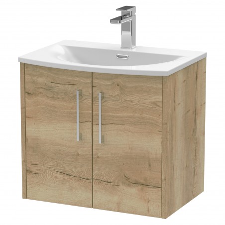 Juno 600mm Wall Hung 2 Door Vanity With Curved Ceramic Basin - Autumn Oak