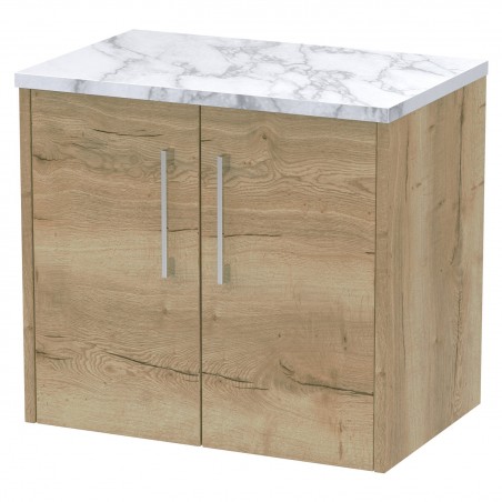 Juno 600mm Wall Hung 2 Door Vanity With Carrera Marble Laminate Worktop - Autumn Oak