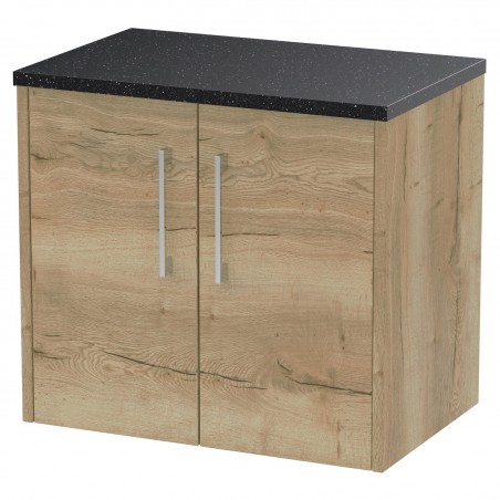 Juno 600mm Wall Hung 2 Door Vanity With Black Sparkle Laminate Worktop - Autumn Oak