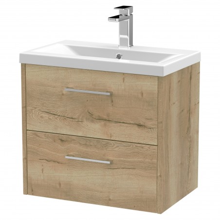 Juno 600mm Wall Hung 2 Drawer Vanity With Mid-Edge Ceramic Basin - Autumn Oak