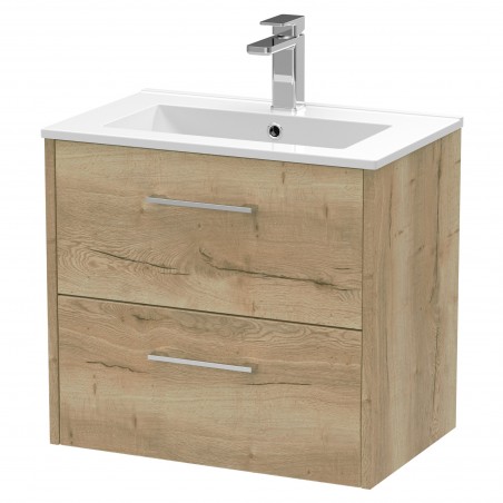 Juno 600mm Wall Hung 2 Drawer Vanity With Minimalist Ceramic Basin - Autumn Oak