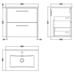 Juno 600mm Wall Hung 2 Drawer Vanity With Minimalist Ceramic Basin - Autumn Oak - Technical Drawing