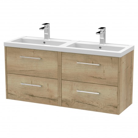 Juno 1200mm Wall Hung 4 Door Vanity With Double Polymarble Basin - Autumn Oak