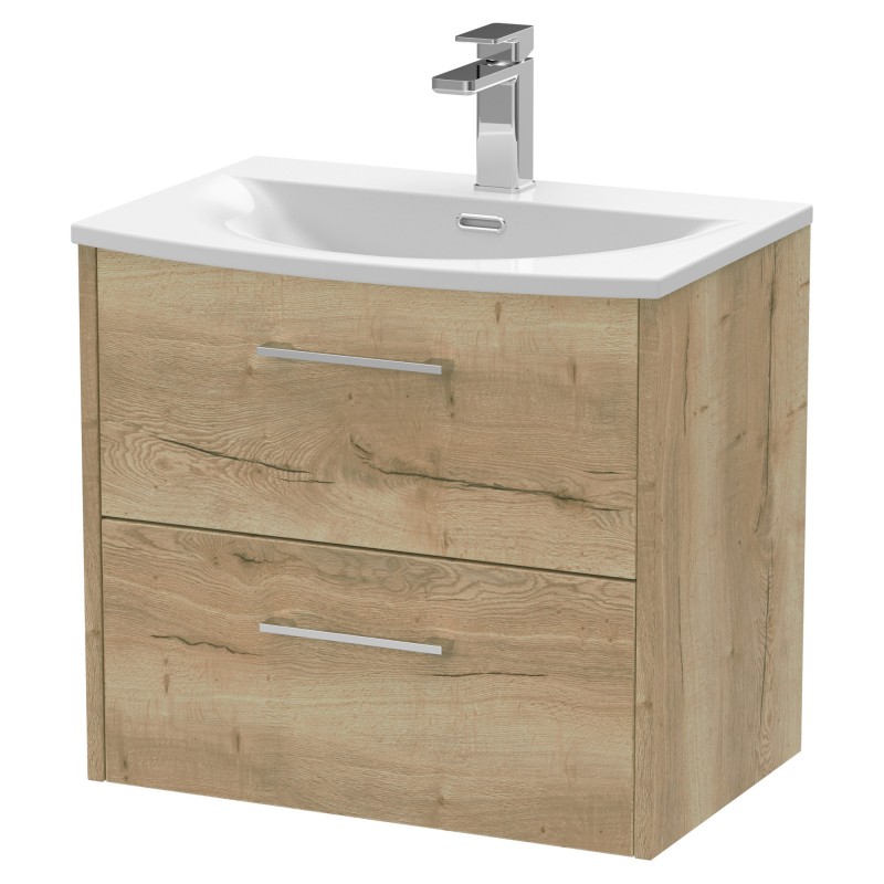 Juno 600mm Wall Hung 2 Drawer Vanity With Curved Ceramic Basin - Autumn Oak Juno 600mm Wall Hung 2 Drawer Vanity With Curved Ceramic Basin - Autumn Oak