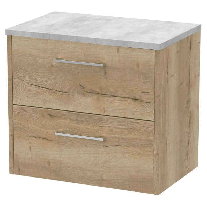 Juno 600mm Wall Hung 2 Drawer Vanity With Bellato Grey Laminate Worktop - Autumn Oak Juno 600mm Wall Hung 2 Drawer Vanity With Bellato Grey Laminate Worktop - Autumn Oak
