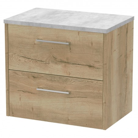 Juno 600mm Wall Hung 2 Drawer Vanity With Bellato Grey Laminate Worktop - Autumn Oak