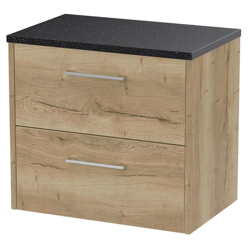 Juno 600mm Wall Hung 2 Drawer Vanity With Black Sparkle Laminate Worktop - Autumn Oak Juno 600mm Wall Hung 2 Drawer Vanity With Black Sparkle Laminate Worktop - Autumn Oak
