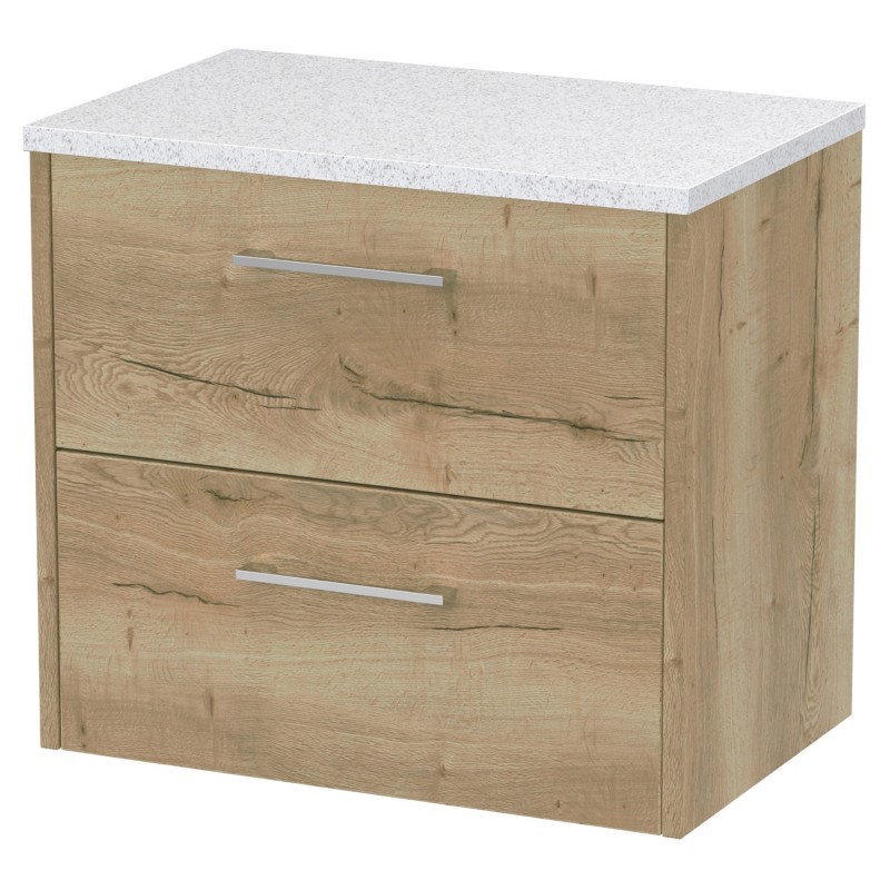 Juno 600mm Wall Hung 2 Drawer Vanity With White Sparkle Laminate Worktop - Autumn Oak Juno 600mm Wall Hung 2 Drawer Vanity With White Sparkle Laminate Worktop - Autumn Oak