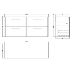 Juno 1200mm Wall Hung 4 Drawer Vanity With White Sparkle Laminate Worktop - Autumn Oak - Technical Drawing
