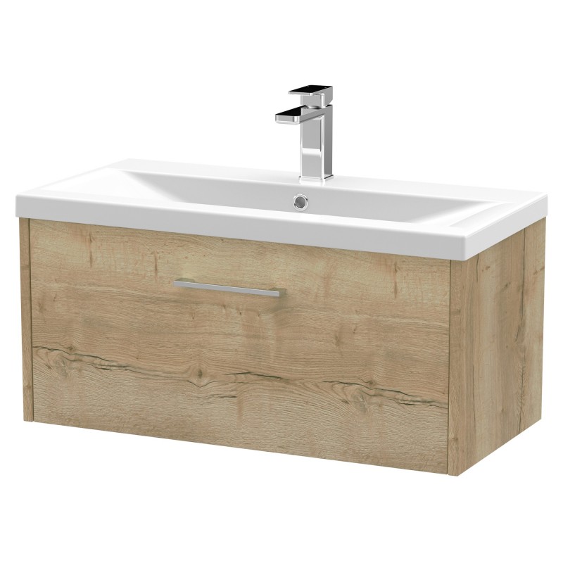 Juno 800mm Wall Hung Single Drawer Vanity With Mid-Edge Ceramic Basin - Autumn Oak Juno 800mm Wall Hung Single Drawer Vanity With Mid-Edge Ceramic Basin - Autumn Oak