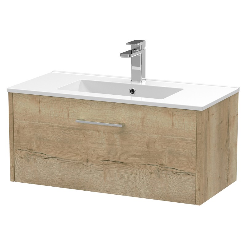 Juno 800mm Wall Hung Single Drawer Vanity With Minimalist Ceramic Basin - Autumn Oak Juno 800mm Wall Hung Single Drawer Vanity With Minimalist Ceramic Basin - Autumn Oak