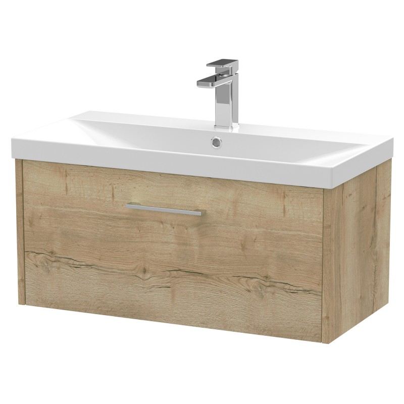 Juno 800mm Wall Hung Single Drawer Vanity With Thin-Edge Ceramic Basin - Autumn Oak Juno 800mm Wall Hung Single Drawer Vanity With Thin-Edge Ceramic Basin - Autumn Oak