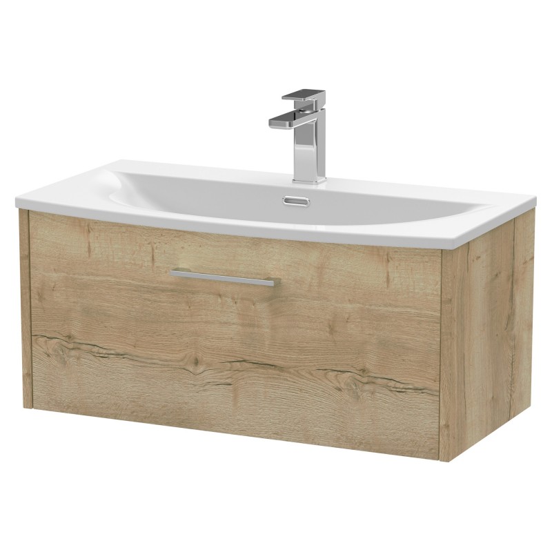 Juno 800mm Wall Hung Single Drawer Vanity With Curved Ceramic Basin - Autumn Oak Juno 800mm Wall Hung Single Drawer Vanity With Curved Ceramic Basin - Autumn Oak